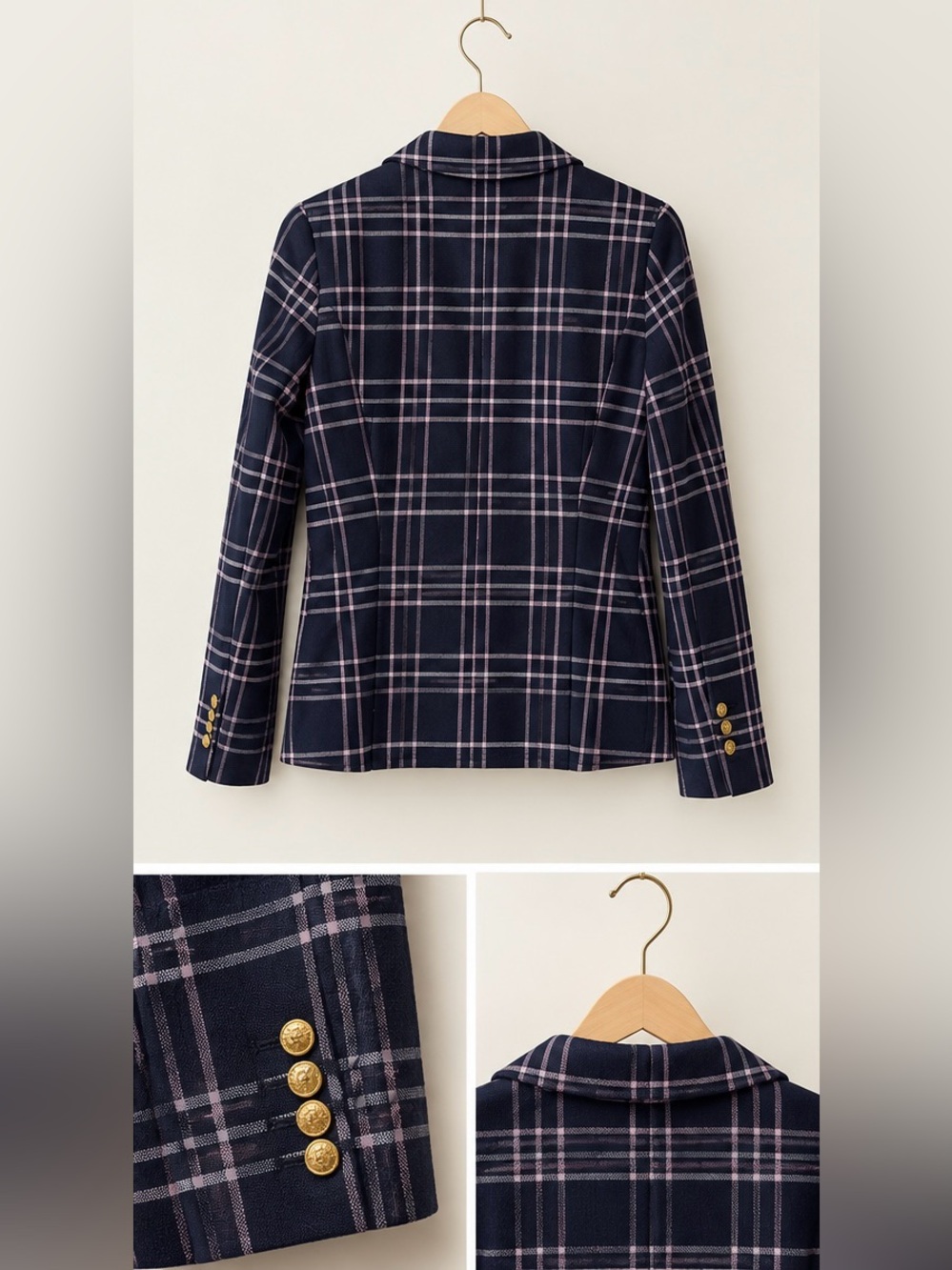 Smythe Duchess Blazer in Navy Plaid Three-Piece Suit Blue & Lavender Size 2/4 - Picture 3 of 11